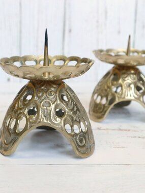Vintage Brass Pricket Candle Holders Pair Ornate Mid Century Gothic Candlesticks